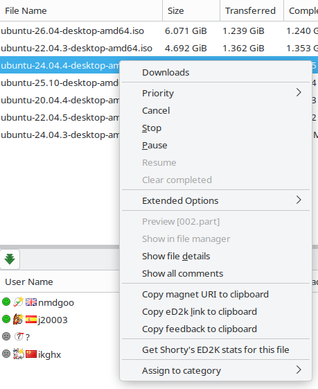 The download queue context menu