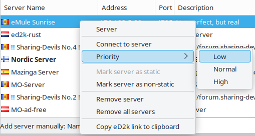 The ED2K server context menu