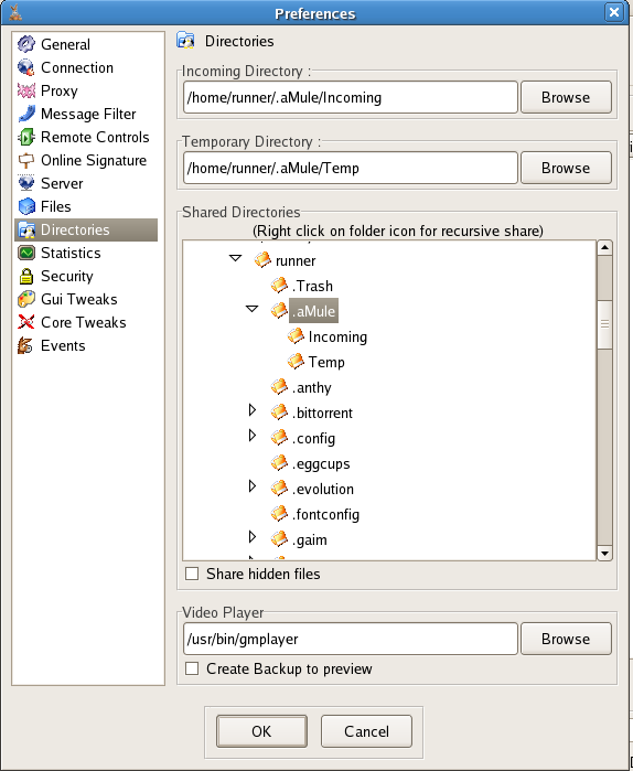 Preferences — Directories page