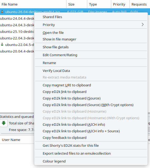 The shared files context menu