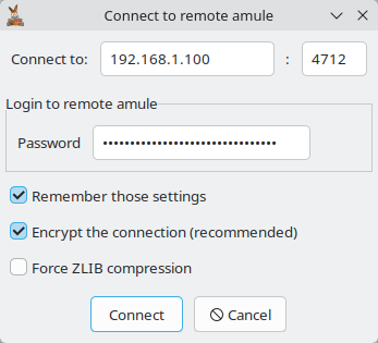 amulegui connection dialog