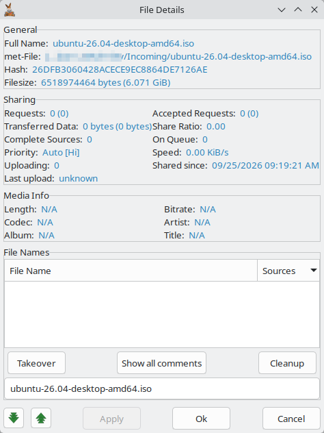 File Details window for a completed, shared file