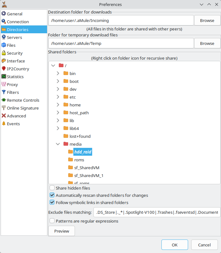 Directories preferences tab