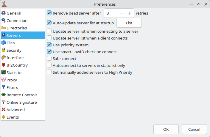 Servers preferences tab