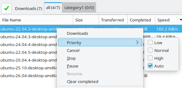 Download priority context menu in the Downloads window