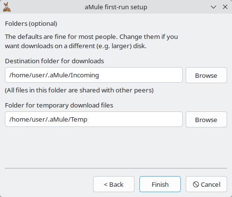 Folders page of the setup wizard