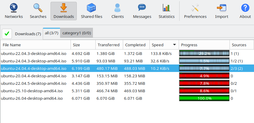 Downloads tab with the progress of each file