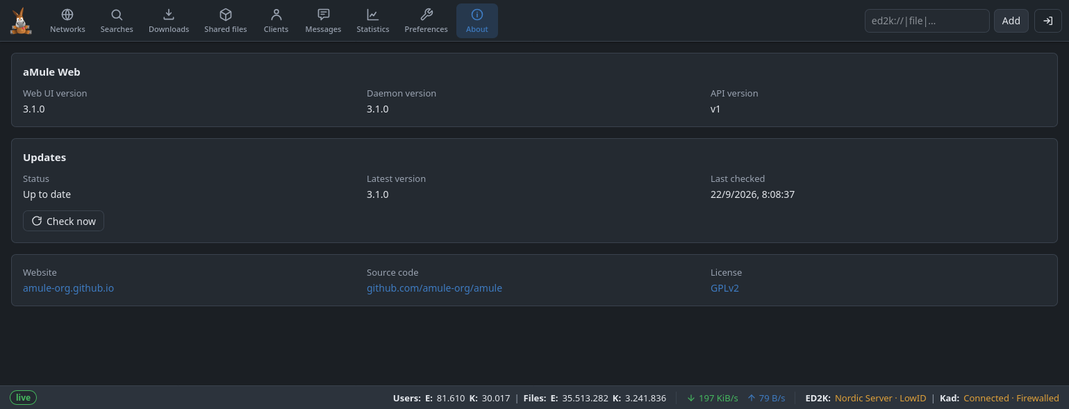 The About section of the Web UI