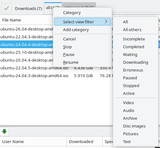 The view filter submenu of the all tab