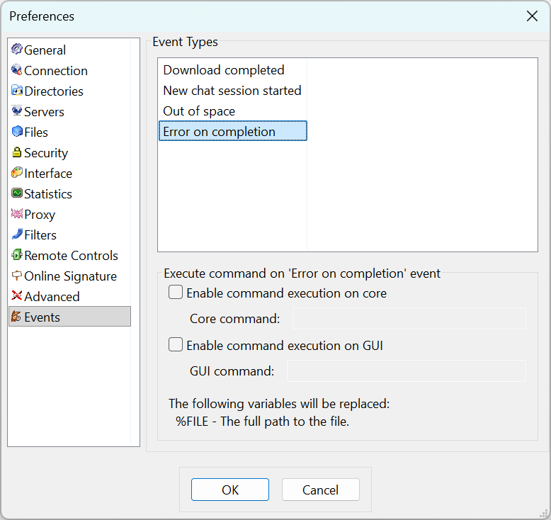 Events preferences tab — Error on completion event selected