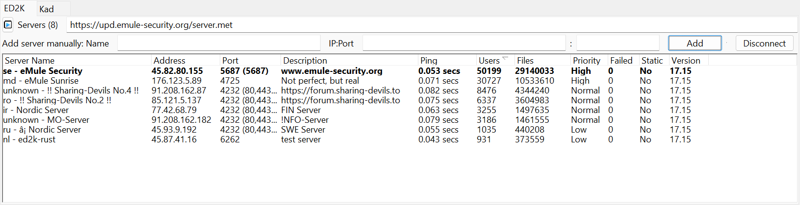Server list populated via ED2K