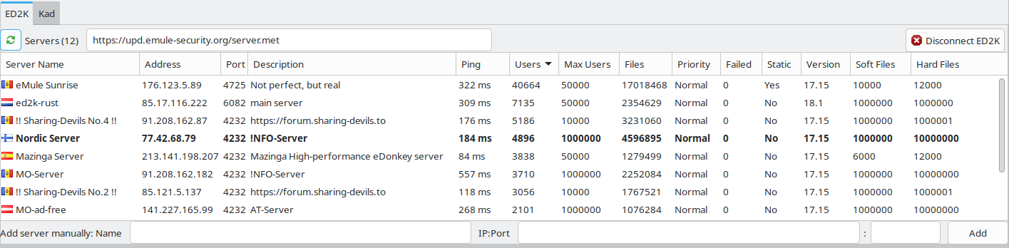 Server list populated via ED2K
