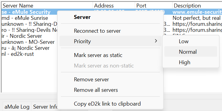 The ED2K server context menu