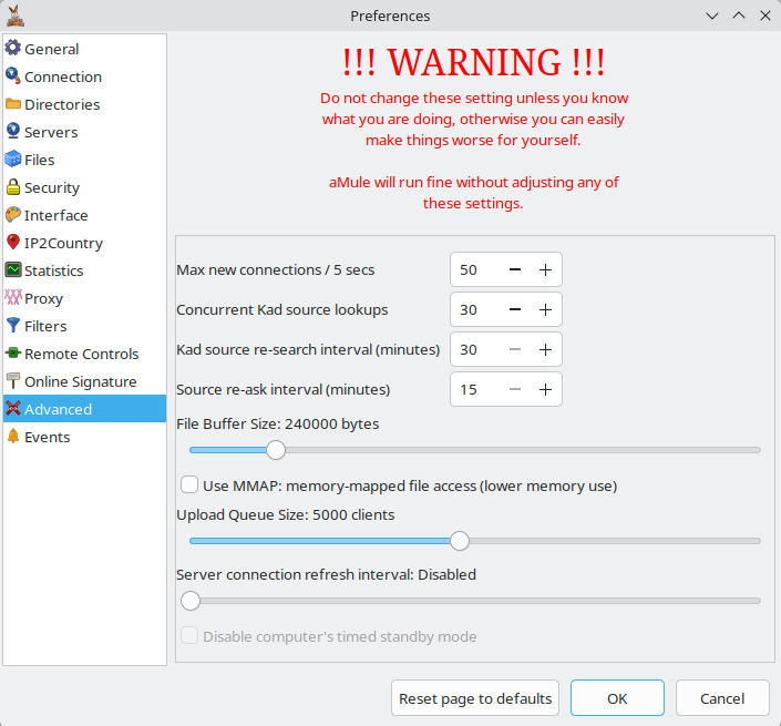 Advanced preferences tab