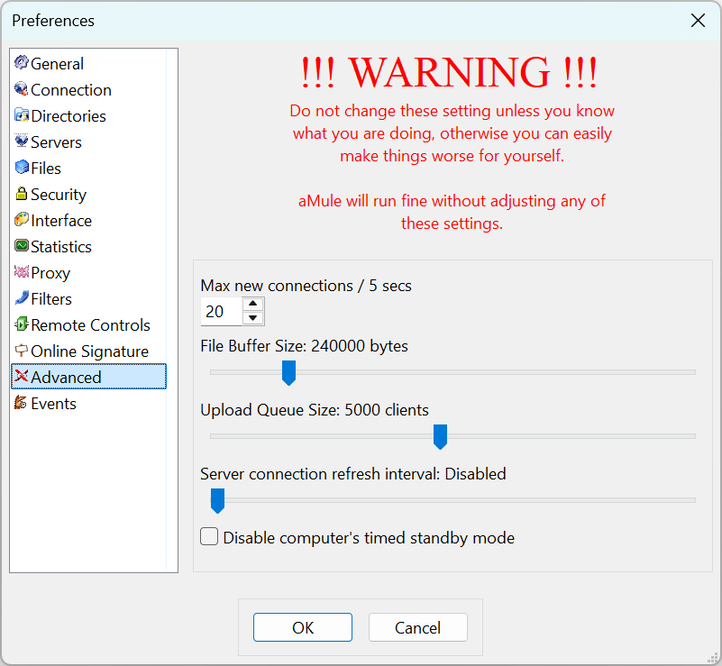 Advanced preferences tab
