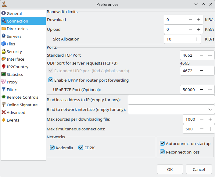 Connection preferences tab
