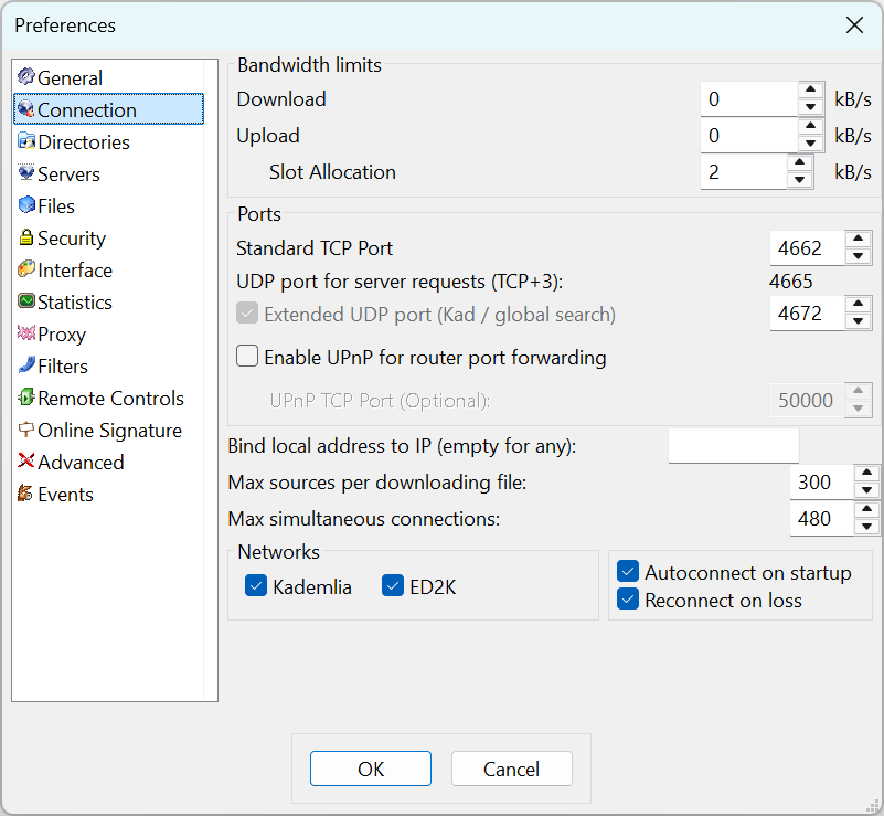 Connection preferences tab