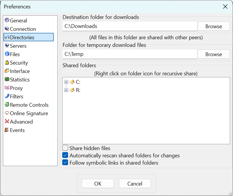 Directories preferences tab