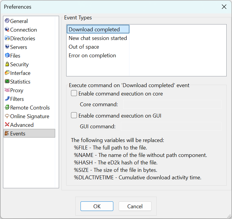 Events preferences tab