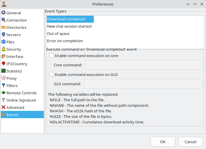 Events preferences tab