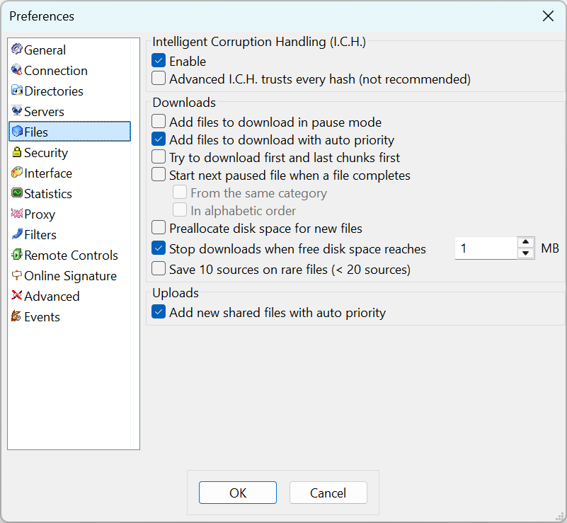 Files preferences tab