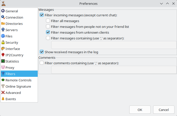 Filters preferences tab