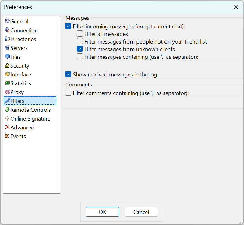 Filters preferences tab