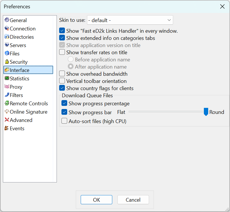 Interface preferences tab