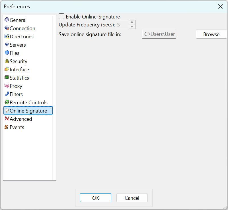 Online Signature preferences tab