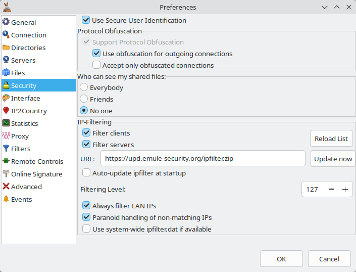 Security preferences tab