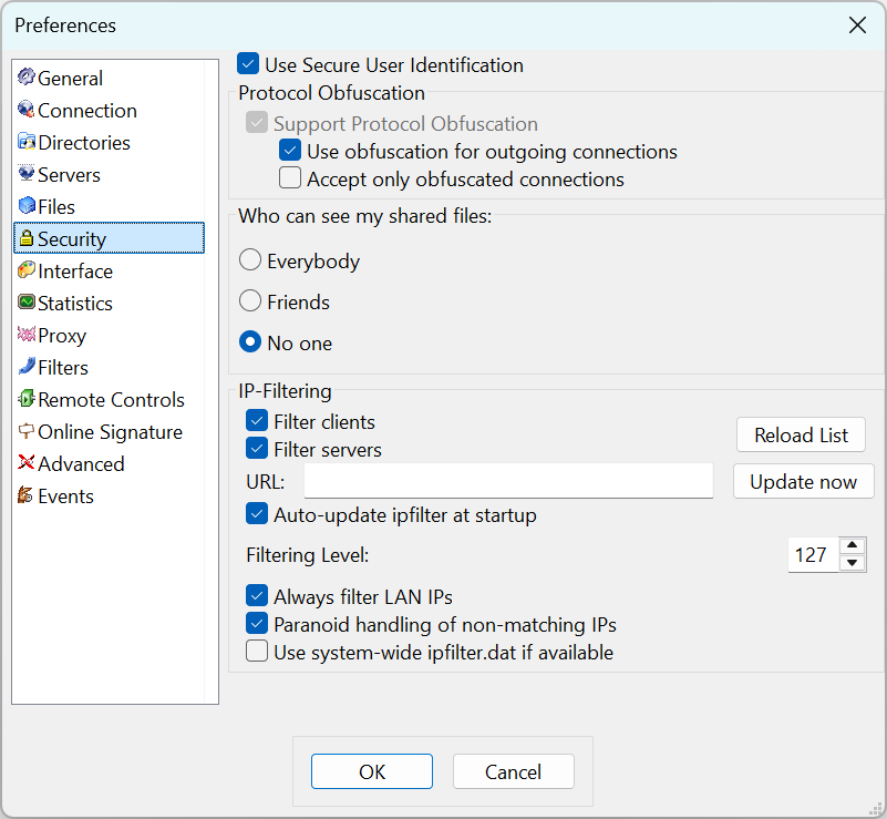 Security preferences tab