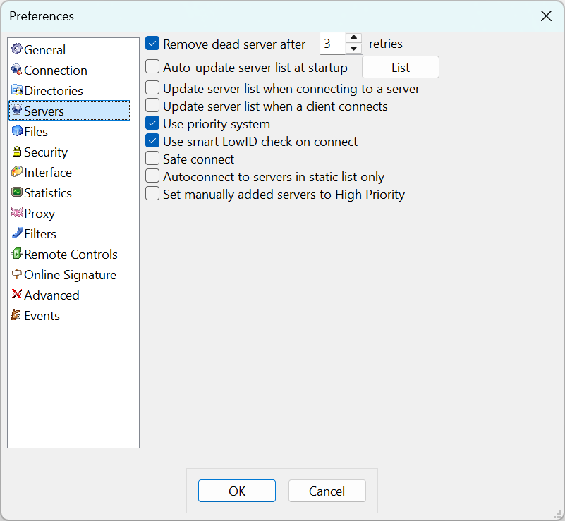Servers preferences tab