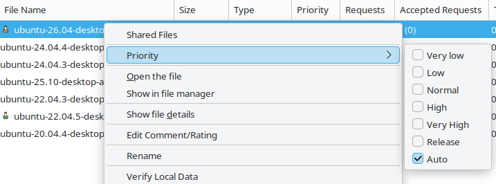 Upload priority context menu in the Shared Files window