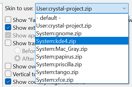 The "Skin to use" dropdown in Preferences → Interface
