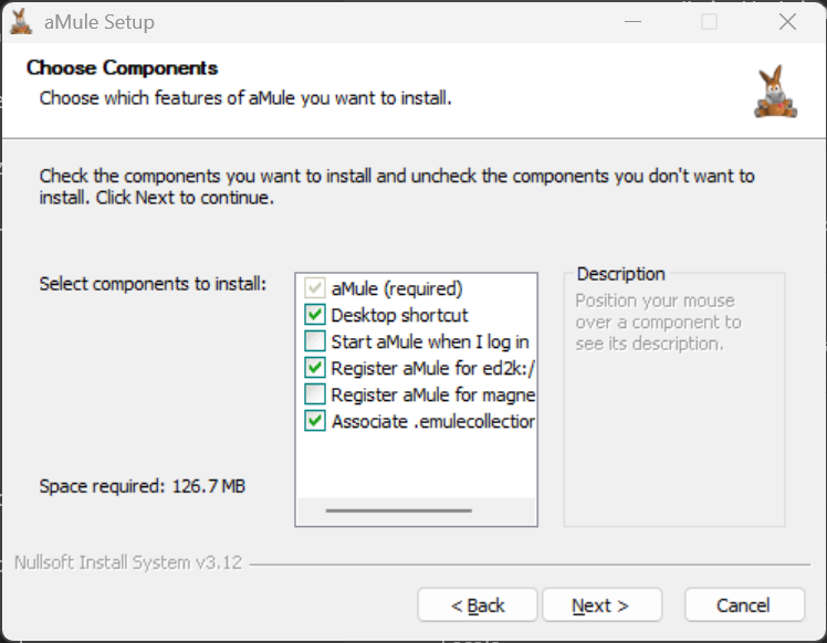 Components page of the Windows installer